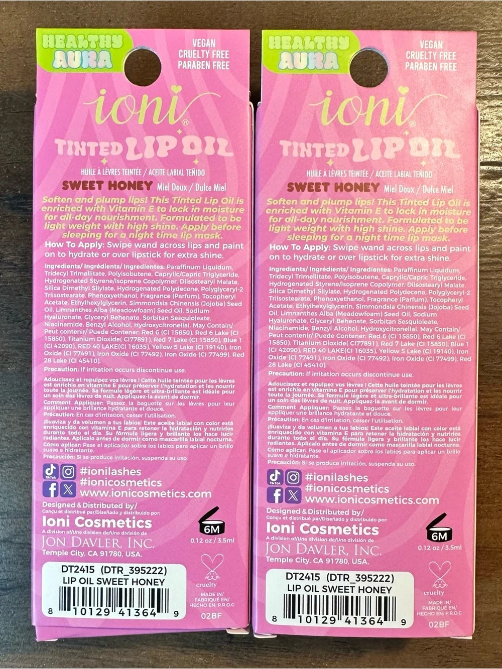 Ioni 2pk HEALTHY AURA Tinted Lip Oil ~SWEET HONEY~ Hyaluronic Acid Vitamin E NIB